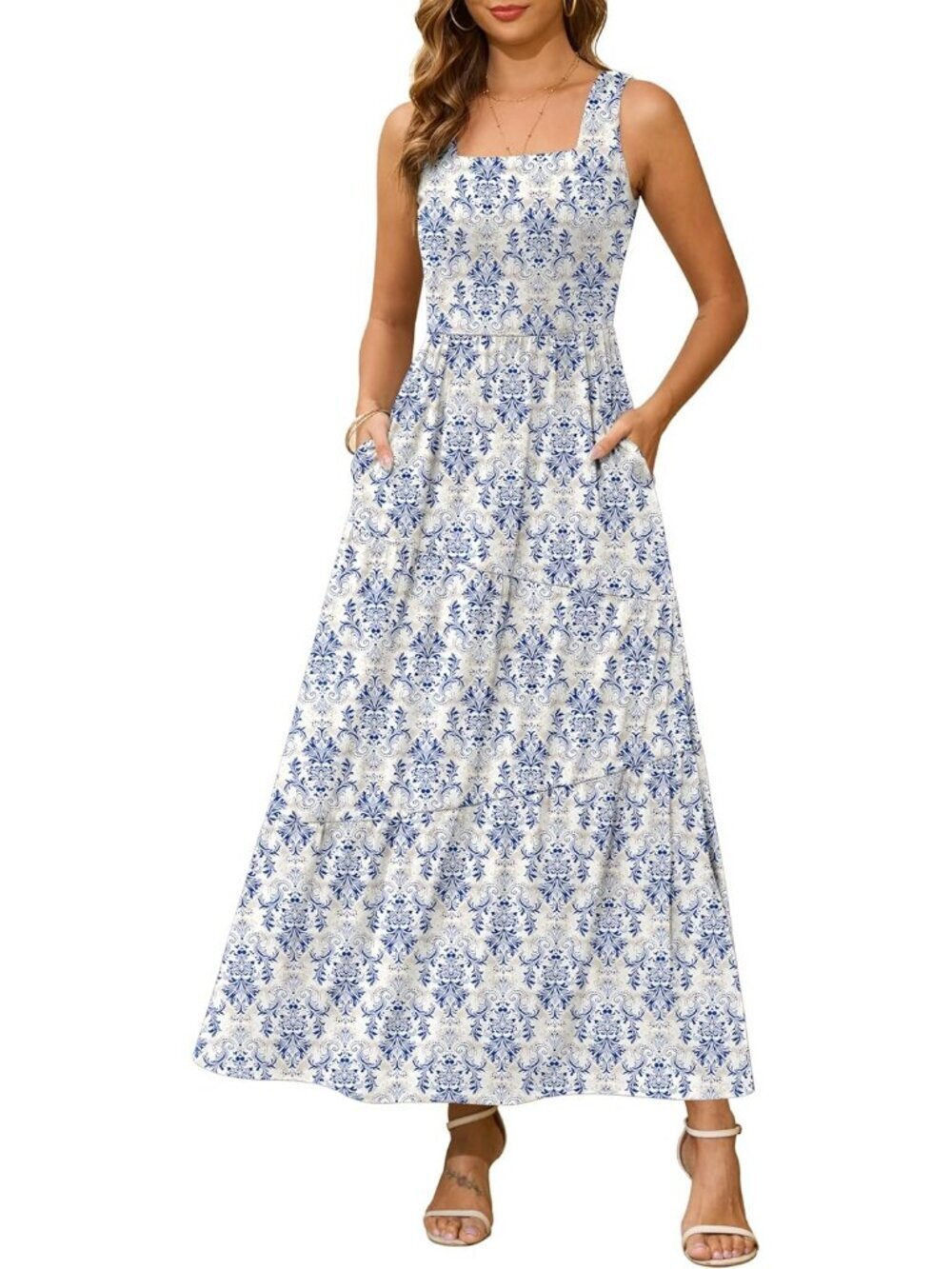 Women's Floral Blue Beige Sleeveless beach Sundress Neck Tank Tiered Maxi Dress